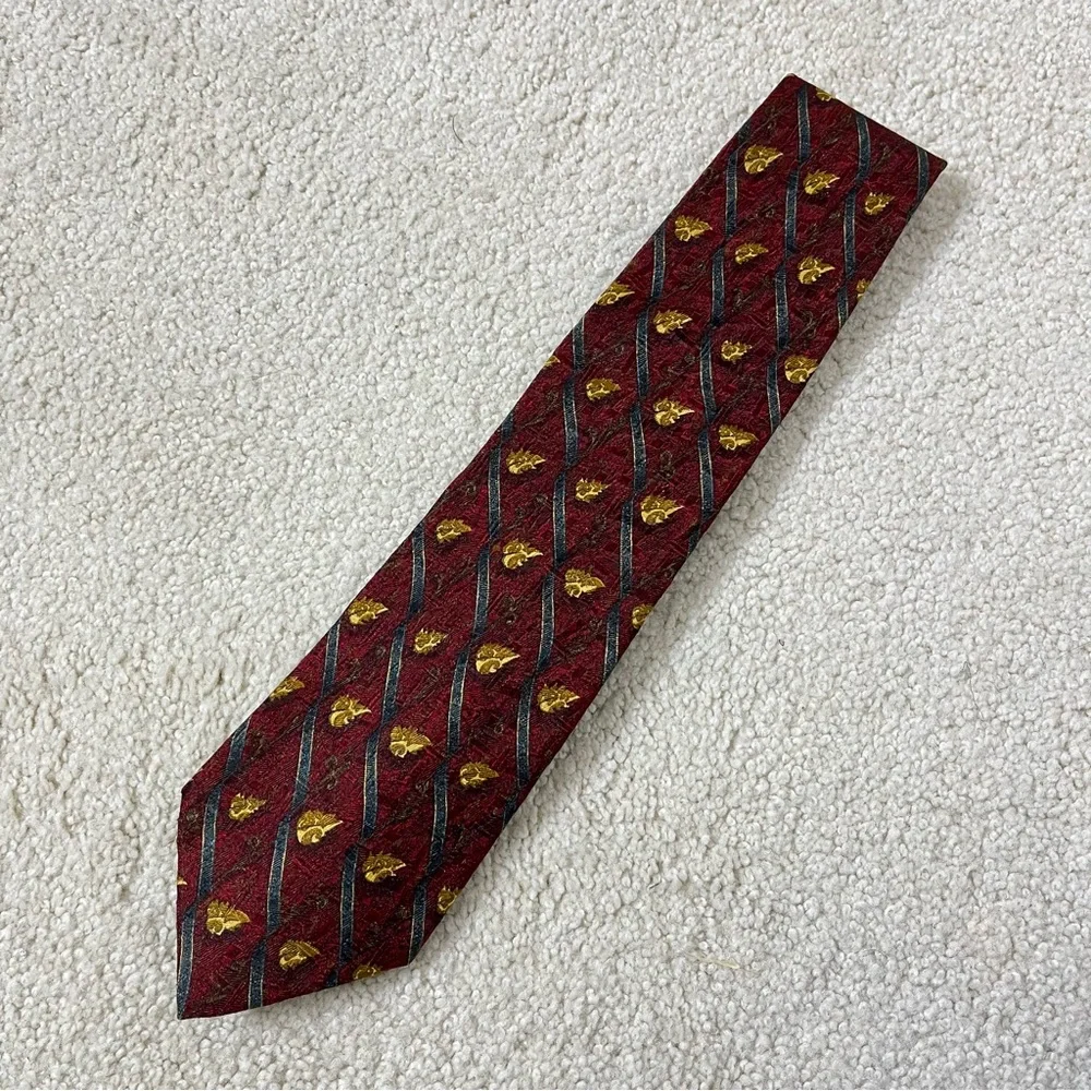 Ermenegildo‎ Zegna Mens Leaf Print Silk Tie Necktie Neck Burgundy Maroon Gold